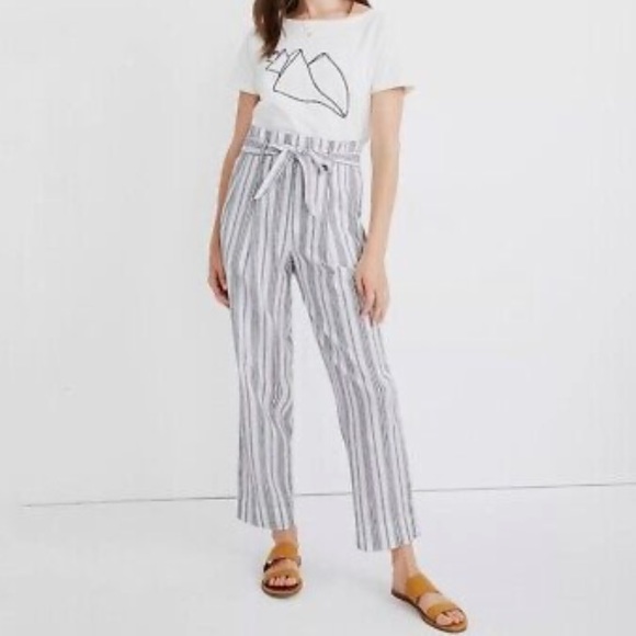 Madewell Linen Cotton Paperbag Pants in Dark Baltic Striped High waist - Picture 2 of 9